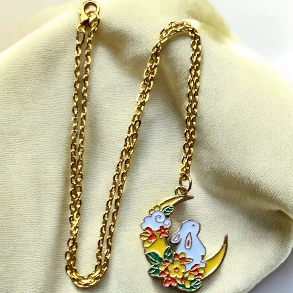 Rabbit Gold Chain with Enamel Moon and Pendant NWT Easter